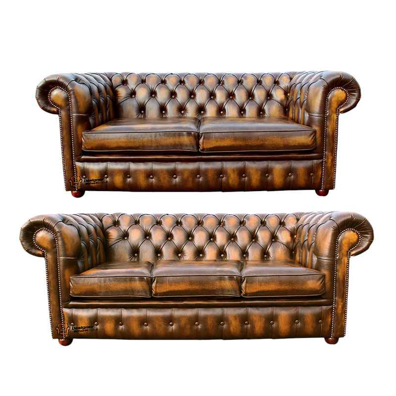 Product photograph of Chesterfield 3 2 Leather Sofa Offer Antique Gold from Designer Sofas 4U
