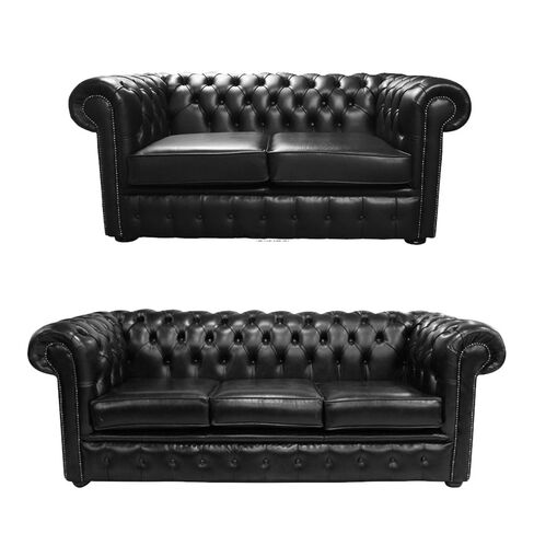 Chesterfield 2 Seater + 3 Seater Sofa Old English Black Leather Sofa Offer