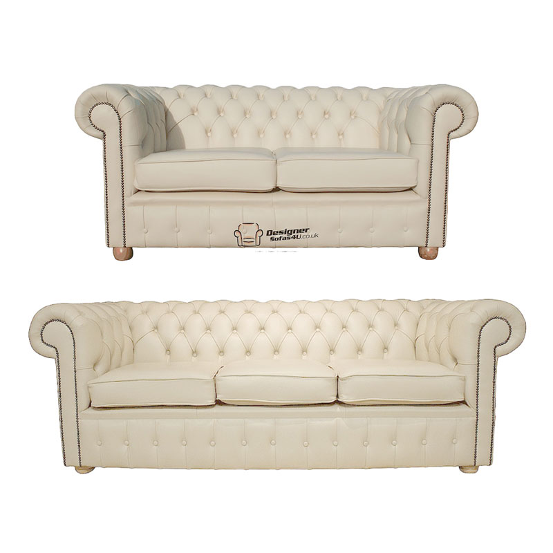 Product photograph of Chesterfield 3 2 Leather Sofa Offer Cottonseed Cream from Designer Sofas 4U