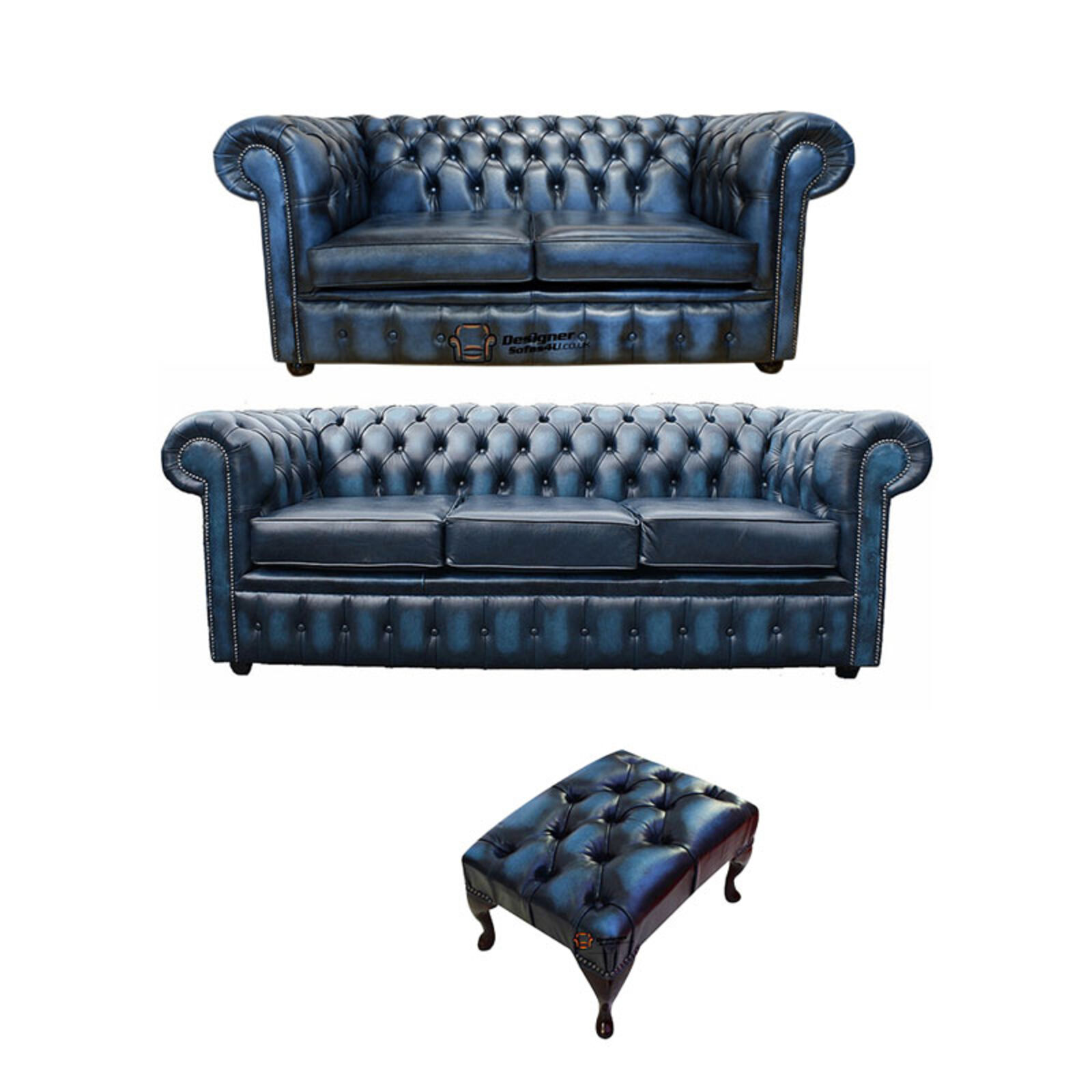 Product photograph of Chesterfield 3 2 Footstool Leather Sofa Offer Antique Blue Leather from Designer Sofas 4U
