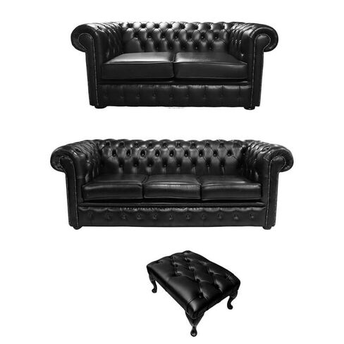 Chesterfield 2 Seater + 3 Seater Sofa + Footstool Old English Black Leather Sofa Offer