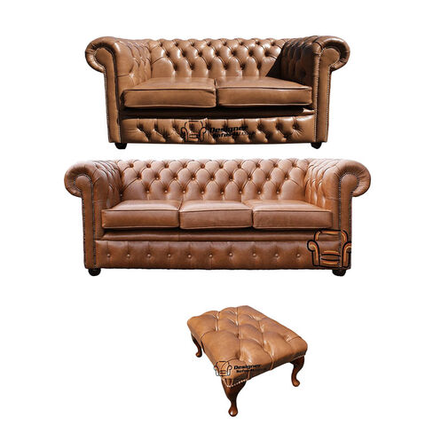 Chesterfield 2 Seater + 3 Seater Sofa + Footstool Old English Tan Leather Sofa Offer