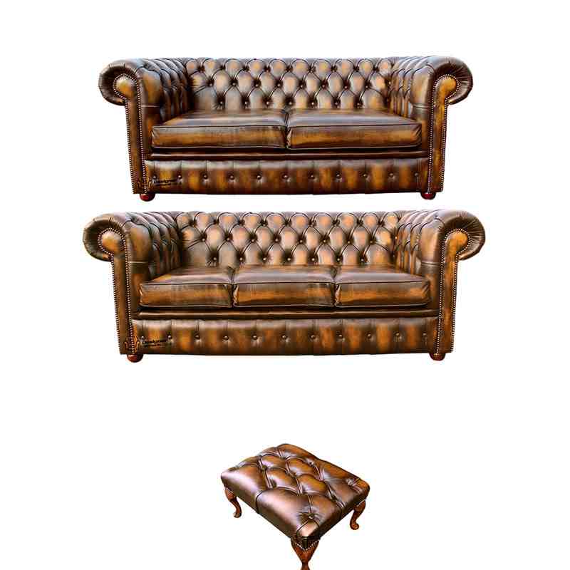 Product photograph of Chesterfield 3 2 Footstool Leather Sofa Offer Antique Gold Leather from Designer Sofas 4U