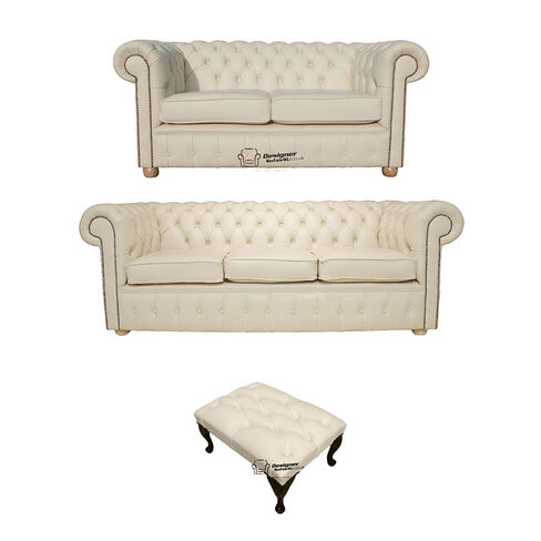Chesterfield 3+2+Footstool Leather Sofa Offer Cottonseed Cream leather