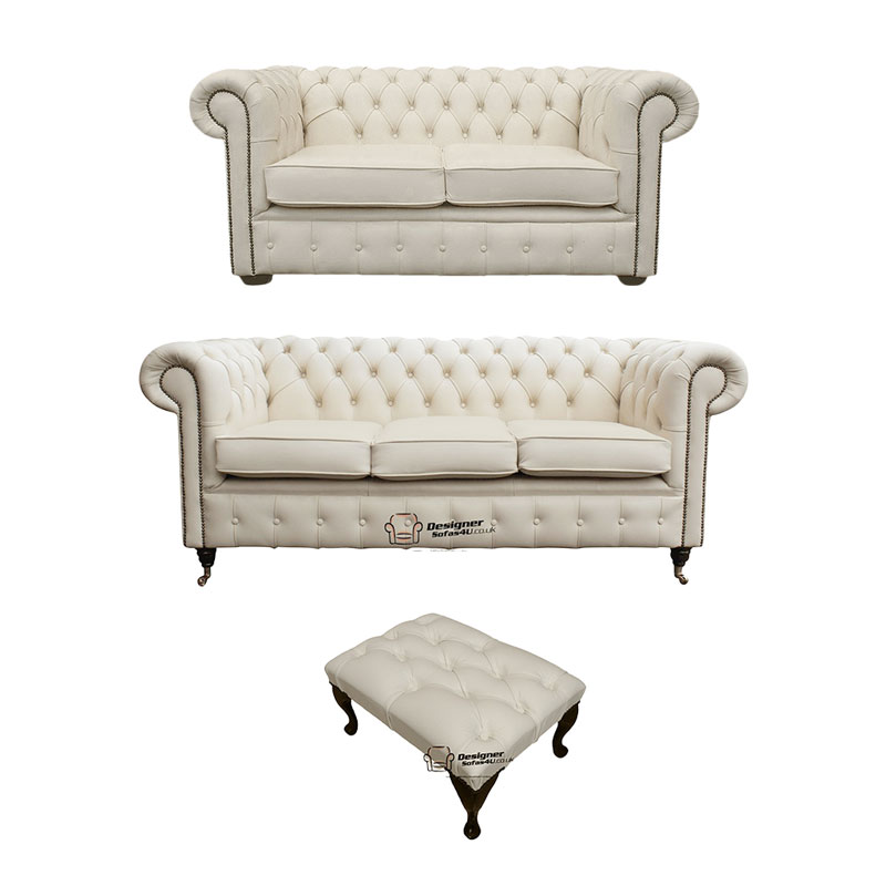 Product photograph of Chesterfield 3 2 Footstool Leather Sofa Offer Ivory Leather from Designer Sofas 4U