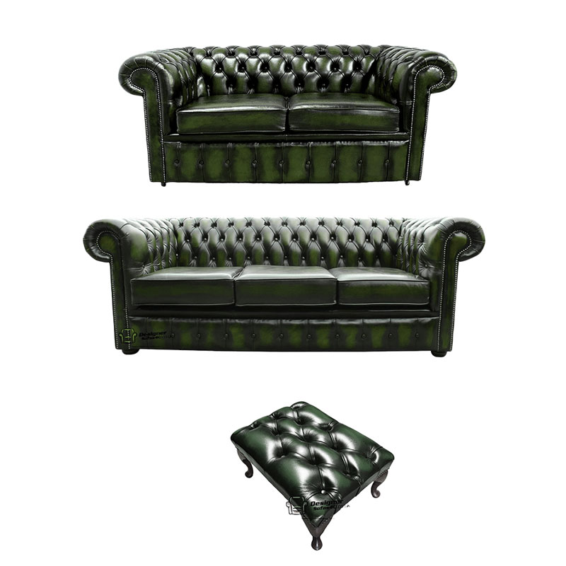 Product photograph of Chesterfield 3 2 Footstool Leather Sofa Offer Antique Green Leather from Designer Sofas 4U