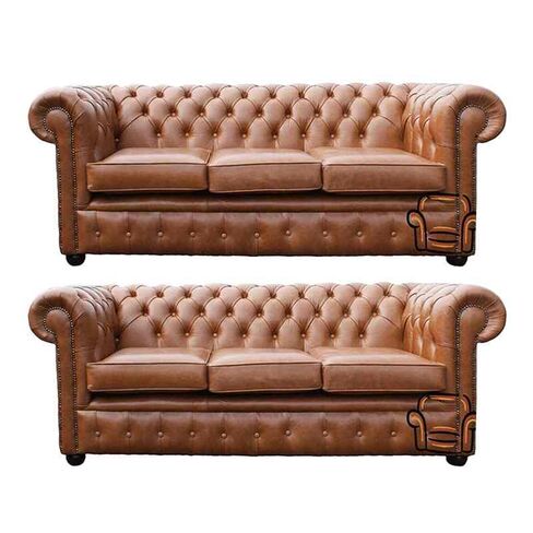 Chesterfield 3 Seater + 3 Seater Sofa Old English Tan Leather Sofa Offer