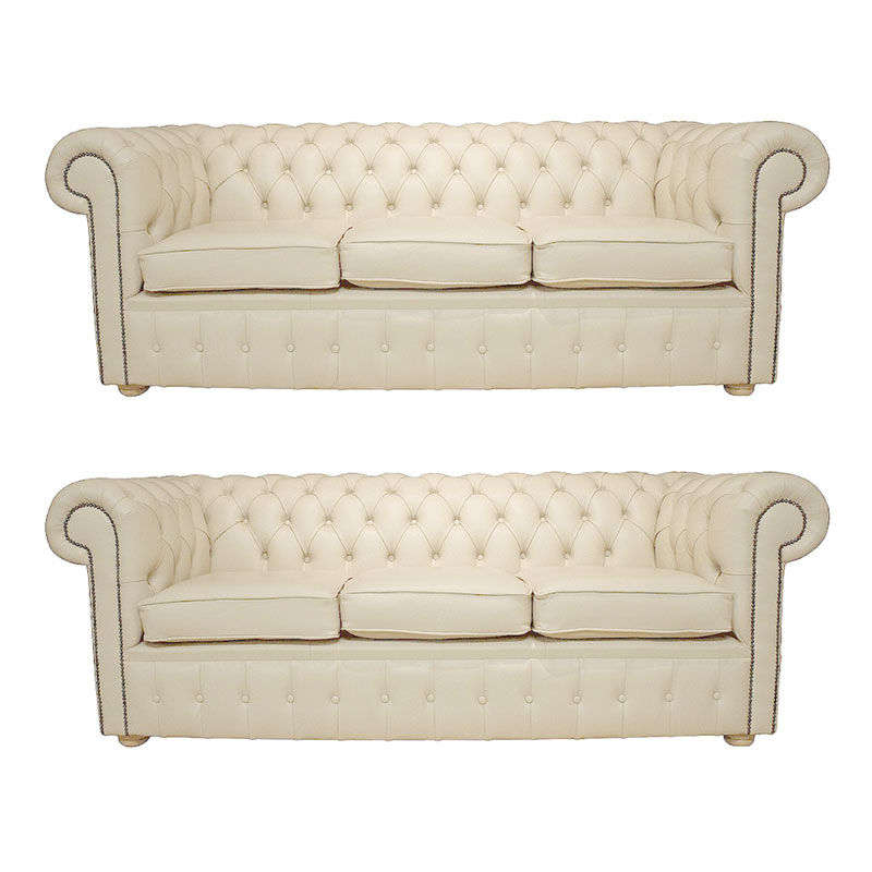 Product photograph of Chesterfield 3 3 Leather Sofa Offer Cottonseed Cream from Designer Sofas 4U