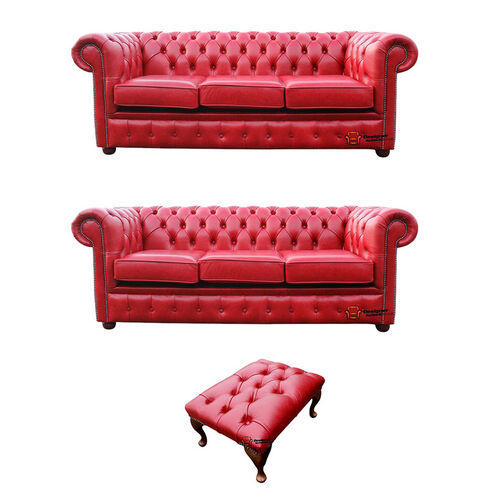 Chesterfield 3 Seater + 3 Seater + Footstool Old English Gamay Red Leather Sofa Offer