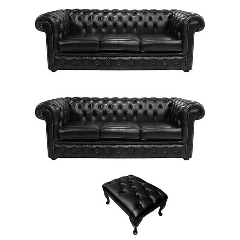 Chesterfield 3 Seater + 3 Seater + Footstool Old English Black Leather Sofa Offer