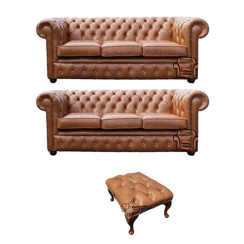 Chesterfield 3 Seater + 3 Seater + Footstool Old English Tan Leather Sofa Offer