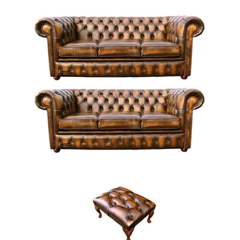 Product photograph of Chesterfield 3 3 Footstool Leather Sofa Offer Antique Gold Leather from Designer Sofas 4U