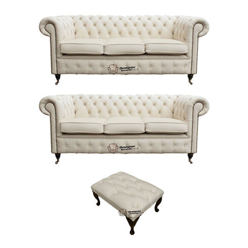 Chesterfield 3+3+footstool Leather Sofa Offer Ivory Leather