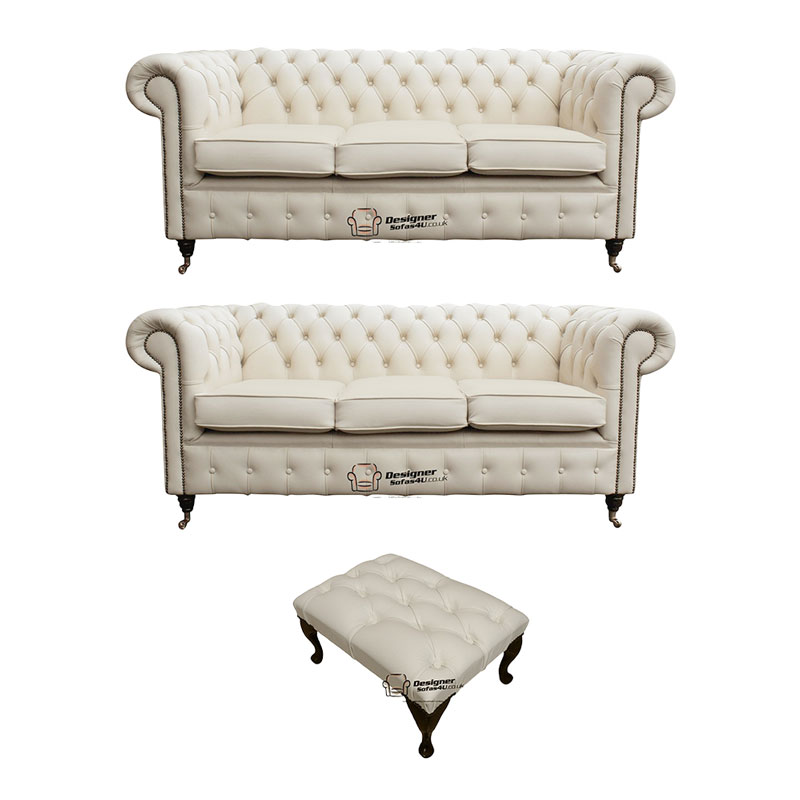 Product photograph of Chesterfield 3 3 Footstool Leather Sofa Offer Ivory Leather from Designer Sofas 4U