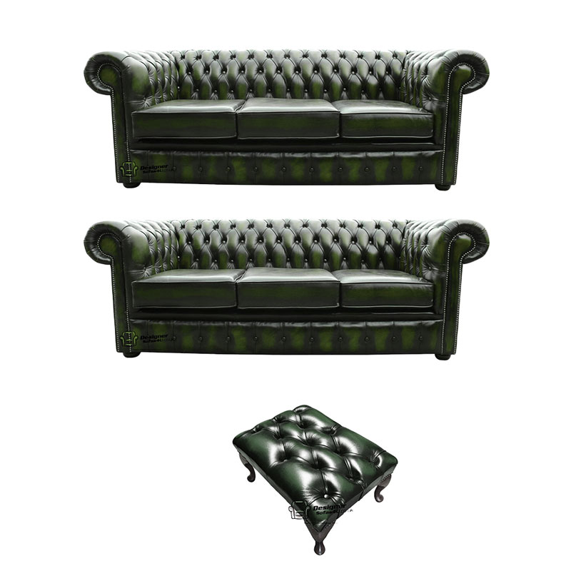 Product photograph of Chesterfield 3 3 Footstool Leather Sofa Offer Antique Green Leather from Designer Sofas 4U