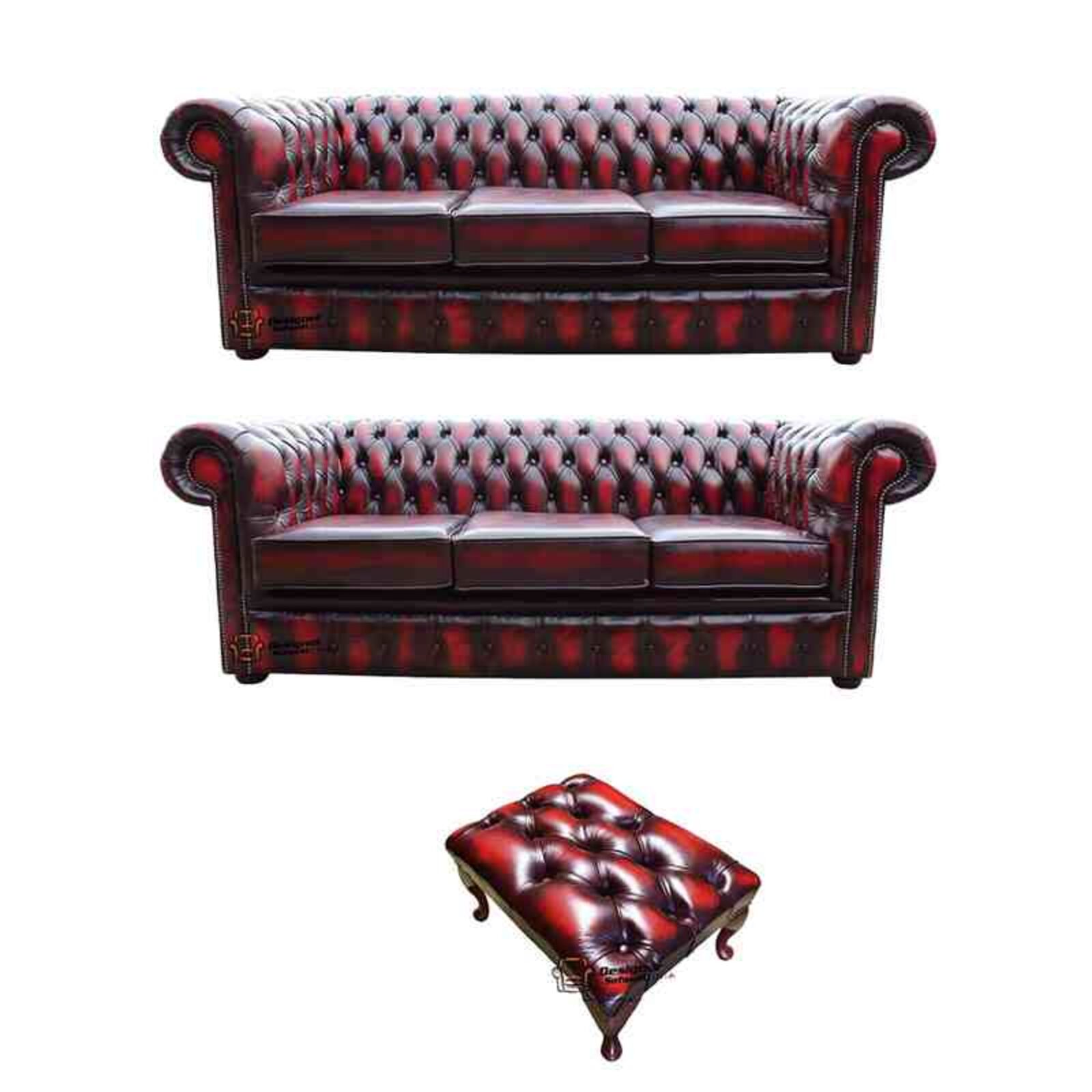 Product photograph of Chesterfield 3 3 Footstool Leather Sofa Offer Antique Oxblood Leather from Designer Sofas 4U