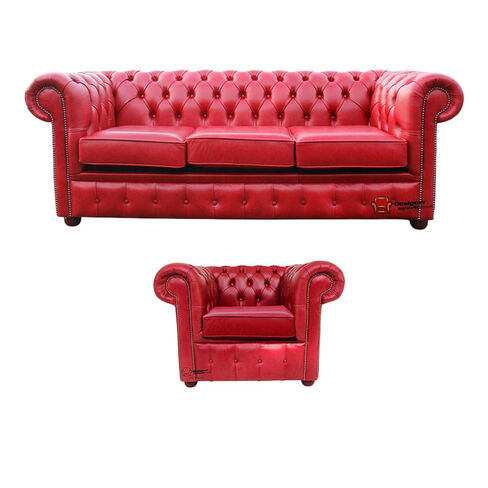 Chesterfield 3 Seater + Club Chair Old English Gamay Red Leather Sofa Offer