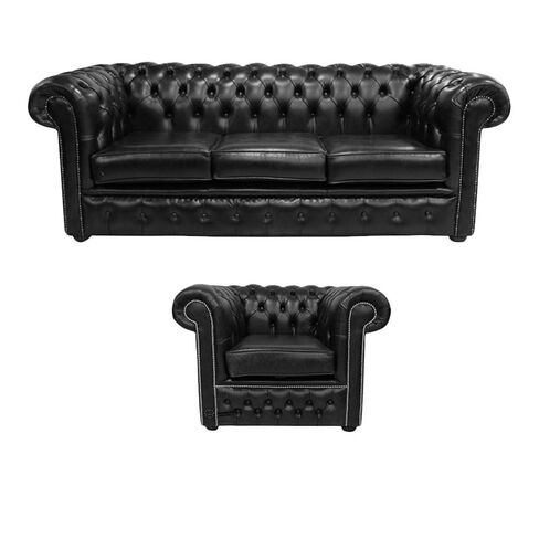 Chesterfield 3 Seater + Club Chair Old English Black Leather Sofa Offer