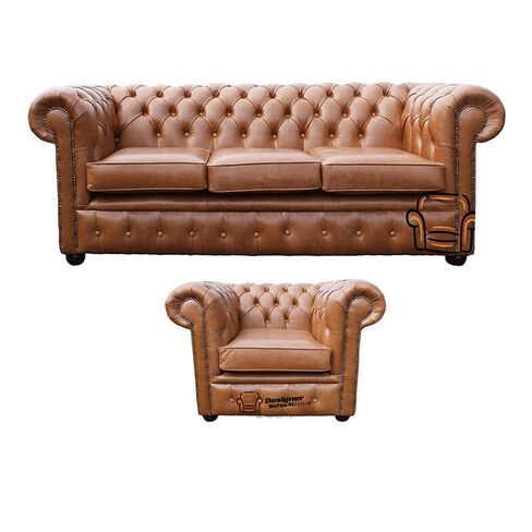 Chesterfield 3 Seater + Club Chair Old English Tan Leather Sofa Offer
