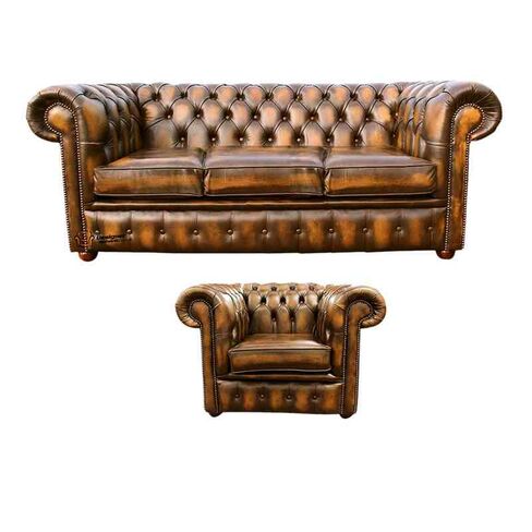 Chesterfield 3 Seater Sofa + Club Chair Leather Sofa Suite Offer Antique Gold