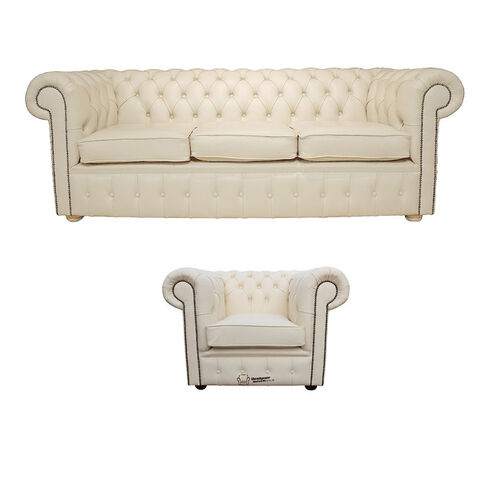 Chesterfield 3 Seater Sofa + Club Chair Leather Sofa Suite Offer Cottonseed Cream