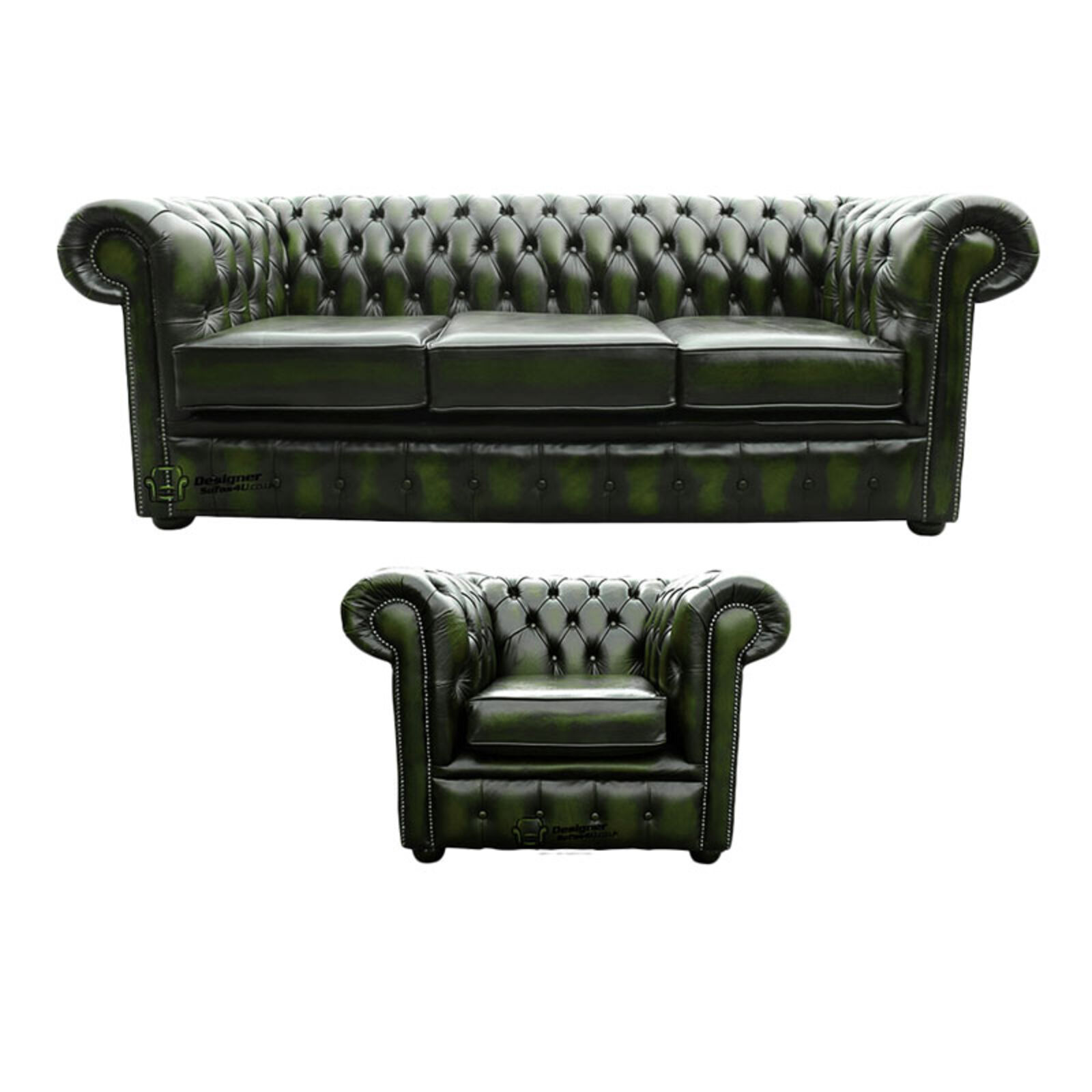Product photograph of Chesterfield 3 Seater Sofa Club Chair Leather Sofa Suite Offer Antique Green from Designer Sofas 4U