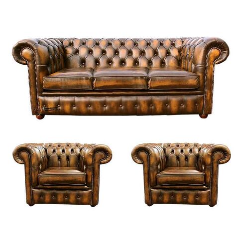 Chesterfield 3 Seater Sofa + 2 x Club Chairs Leather Sofa Suite Offer Antique Gold
