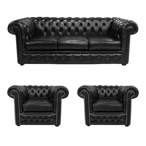 Chesterfield 3 Seater + 2 x Club Chairs Old English Black Leather Sofa Offer