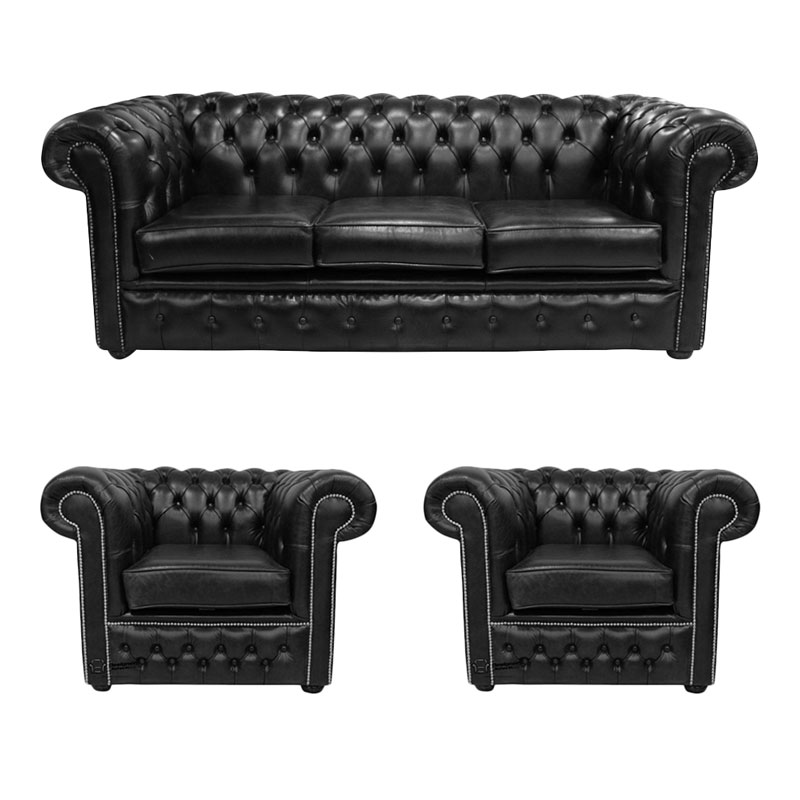 Product photograph of Chesterfield 3 Seater 2 X Club Chairs Old English Black Amp Hellip from Designer Sofas 4U