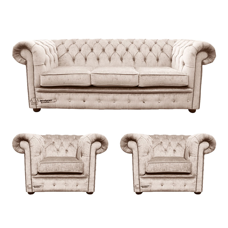 Product photograph of Chesterfield 3 Seater 2 X Club Chairs Harmony Ivory Velvet Amp Hellip from Designer Sofas 4U