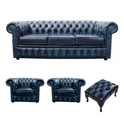 Chesterfield 3 Seater Sofa + 2 x Club Chairs + Footstool Leather Sofa Suite Offer Antique Blue