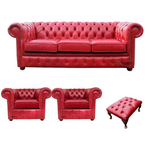 Chesterfield 3 Seater + 2 x Club Chairs + Footstool Old English Gamay Red Leather Sofa Offer