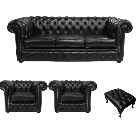 Chesterfield 3 Seater + 2 x Club Chairs + Footstool Old English Black Leather Sofa Offer