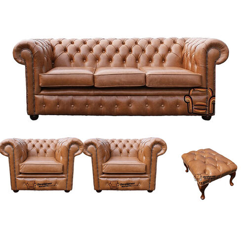 Chesterfield 3 Seater + 2 x Club Chairs + Footstool Old English Tan Leather Sofa Offer
