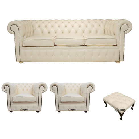 Chesterfield 3 Seater Sofa + 2 x Club Chairs + Footstool Leather Sofa Suite Offer Cottonseed Cream