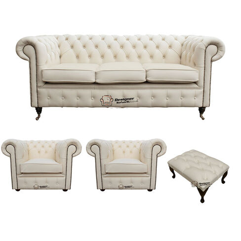 Chesterfield 3 Seater Sofa + 2 x Club Chairs + Footstool Leather Sofa Suite Offer Ivory
