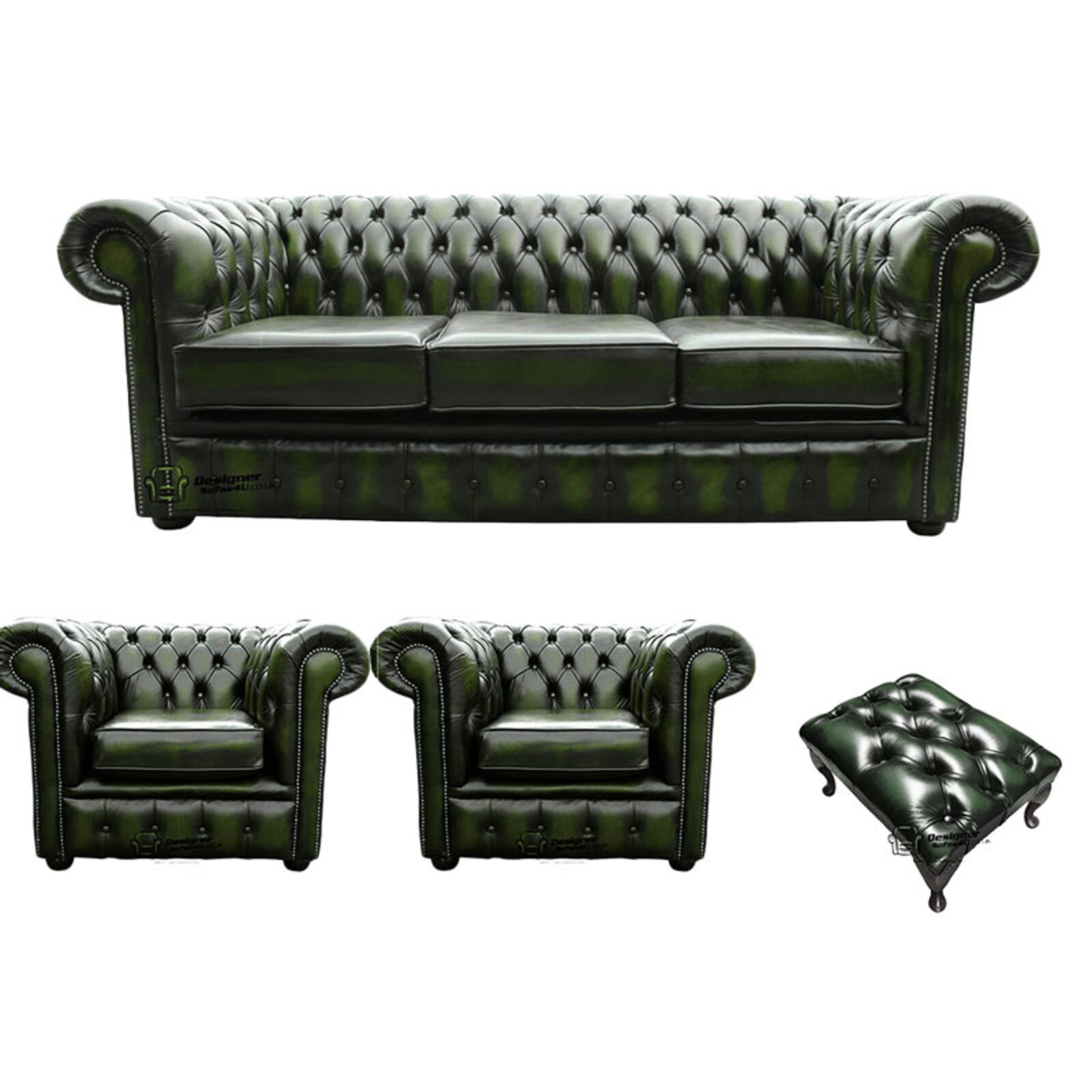 Product photograph of Chesterfield 3 Seater Sofa 2 X Club Chairs Footstool Leather Sofa Suite Offer Antique Green from Designer Sofas 4U