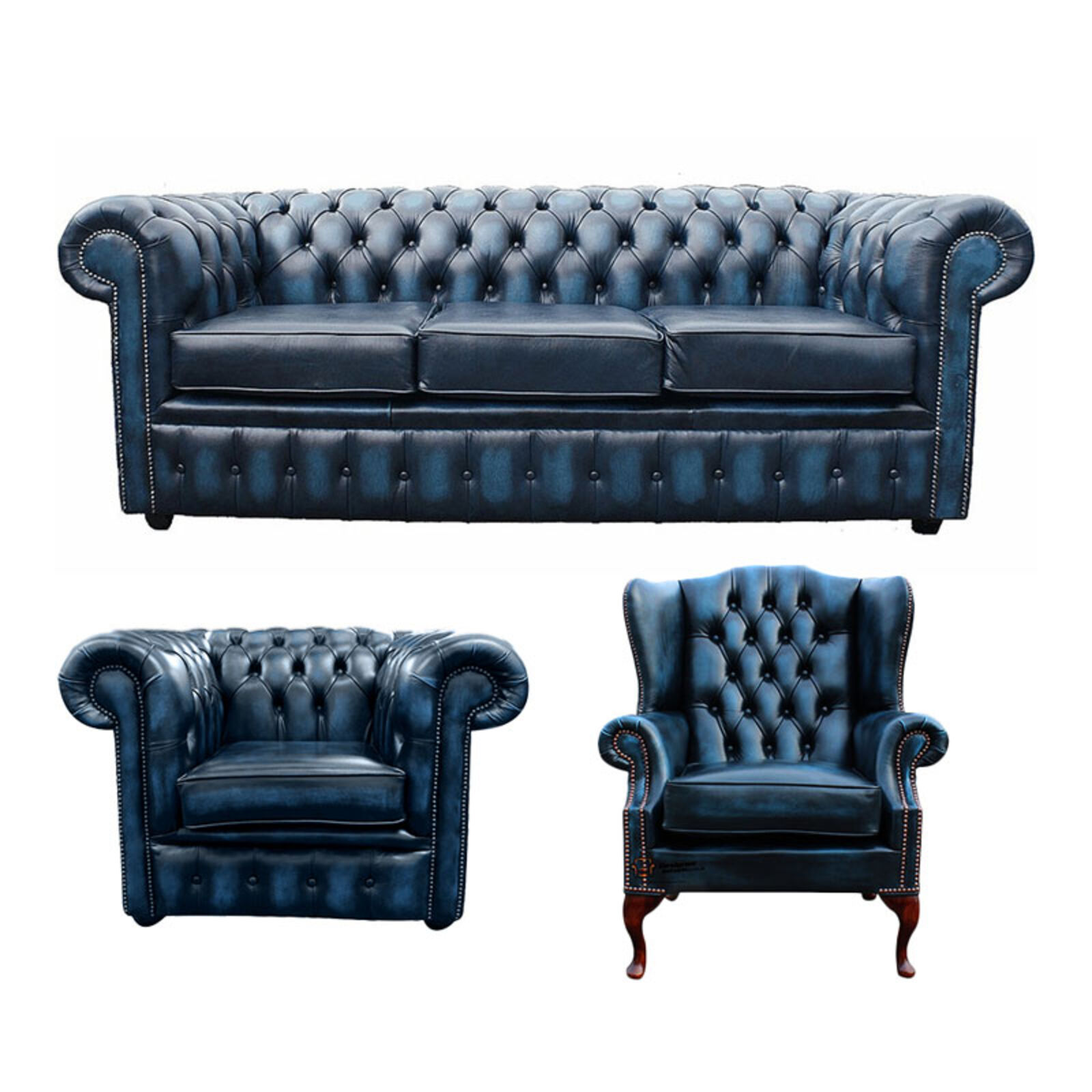 Product photograph of Chesterfield 3 Seater Sofa Club Chair Mallory Wing Chair Leather Sofa Suite Offer Antique Blue from Designer Sofas 4U