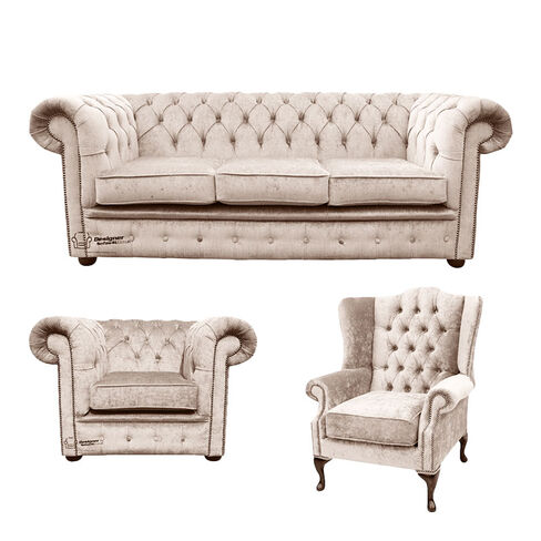 Chesterfield 3 Seater Sofa + Club Chair + Mallory Wing Chair Harmony Ivory Velvet Sofa Suite Offer