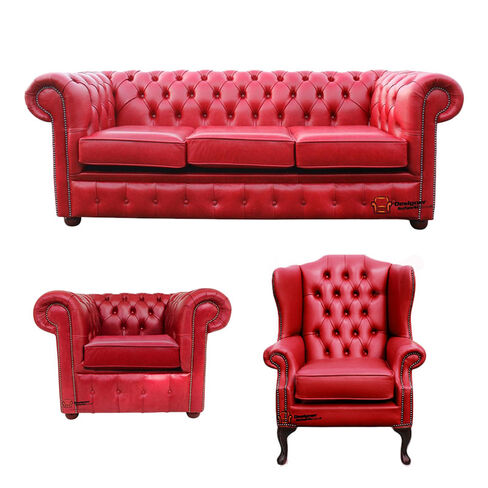 Chesterfield 3 Seater Sofa + Club Chair + Mallory Wing Chair Old English Gamay Red Leather Sofa Offer