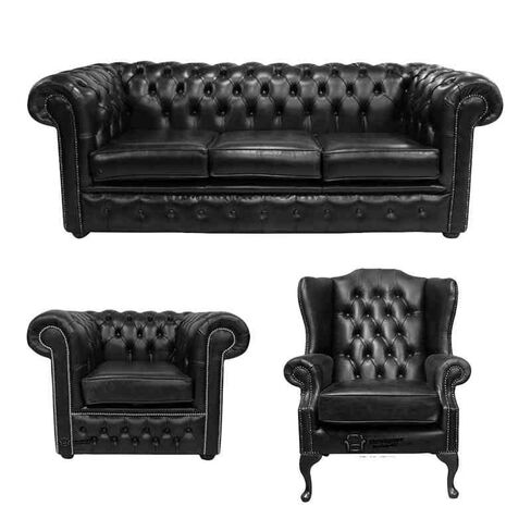 Chesterfield 3 Seater Sofa + Club Chair + Mallory Wing Chair Old English Black Leather Sofa Offer