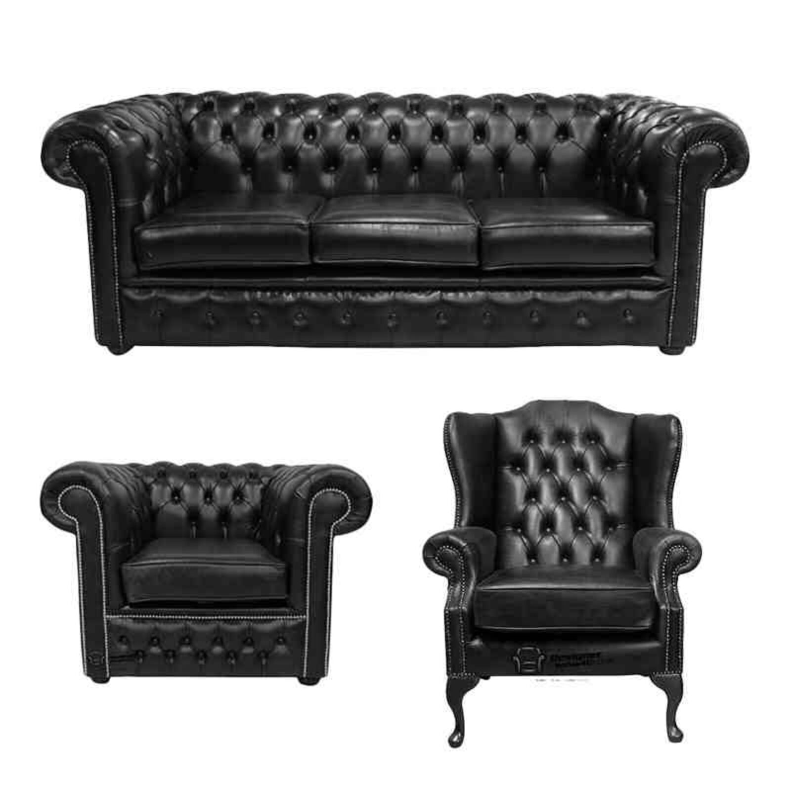 Product photograph of Chesterfield 3 Seater Sofa Club Chair Mallory Wing Chair Old English Black Leather Sofa Offer from Designer Sofas 4U