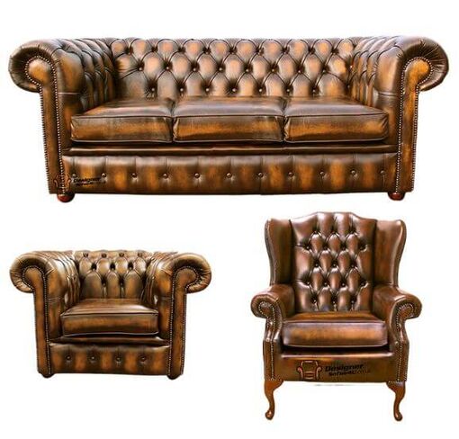 Chesterfield 3 Seater Sofa + Club Chair + Mallory Wing Chair Leather Sofa Suite Offer Antique Gold