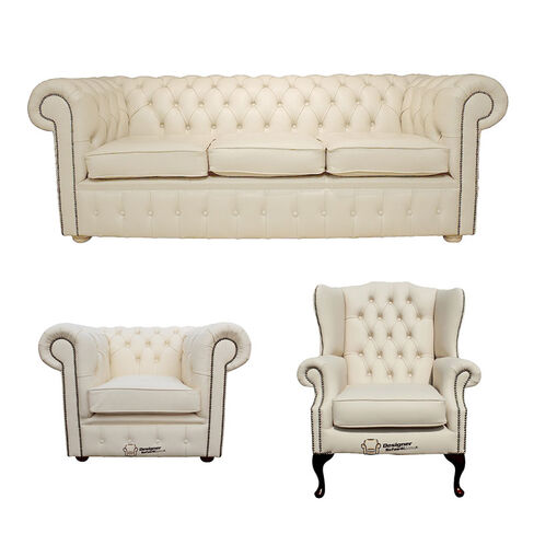 Chesterfield 3 Seater Sofa + Club Chair + Mallory Wing Chair Leather Sofa Suite Offer Cottonseed Cream
