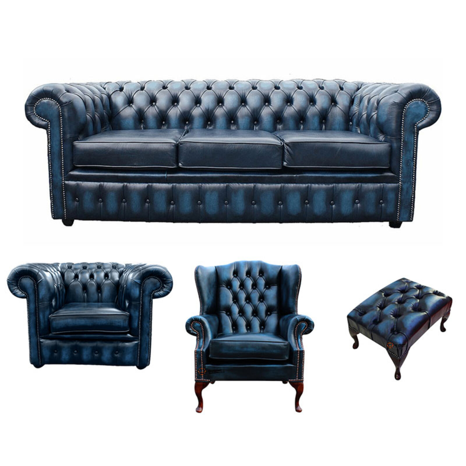Product photograph of Chesterfield 3 Seater Sofa Club Chair Mallory Wing Chair Footstool Leather Sofa Suite Offer Antique Blue from Designer Sofas 4U