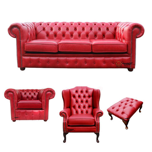 Chesterfield 3 Seater Sofa + Club Chair + Mallory Wing Chair + Footstool Old English Gamay Red Leather Sofa Offer
