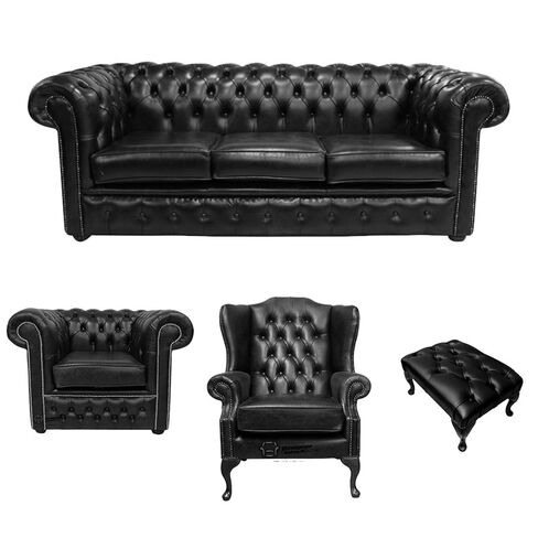 Chesterfield 3 Seater Sofa + Club Chair + Mallory Wing Chair + Footstool Old English Black Leather Sofa Offer