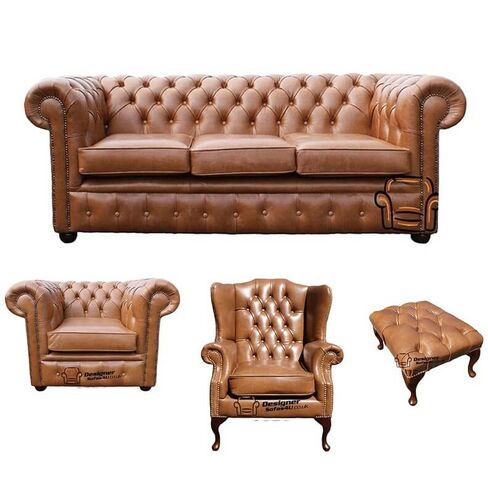 Chesterfield 3 Seater Sofa + Club Chair + Mallory Wing Chair + Footstool Old English Tan Leather Sofa Offer