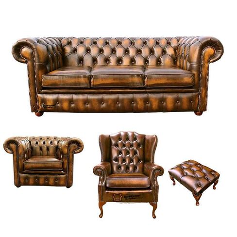 Chesterfield 3 Seater Sofa + Club Chair + Mallory Wing Chair + Footstool Leather Sofa Suite Offer Antique Gold