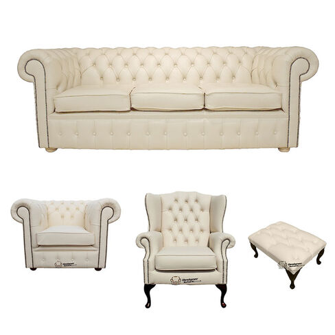 Chesterfield 3 Seater Sofa + Club Chair + Mallory Wing Chair + Footstool Leather Sofa Suite Offer Cottonseed Cream